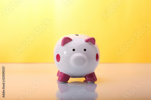 Piggy bank isolated on color background,