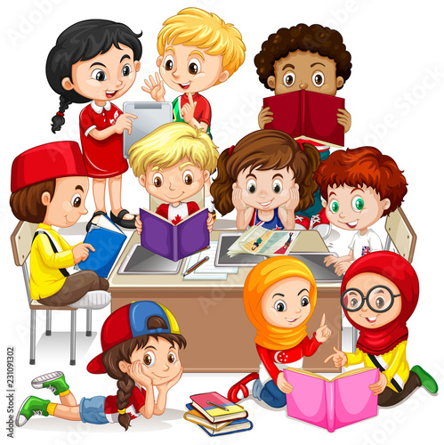 Group of international children learning