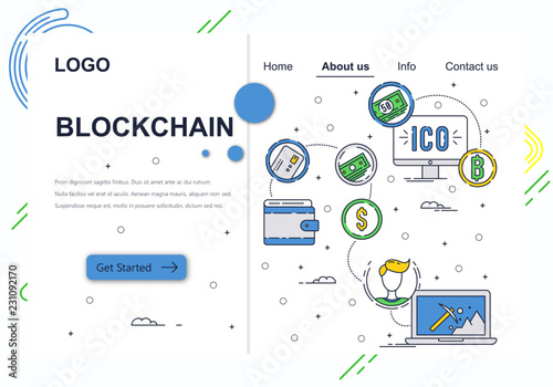 Vector web site linear art design template. Blockchain technology and bitcoin cryptocurrency. ICO and crypto mining. Landing page concepts for website and mobile development. Modern flat illustration.
