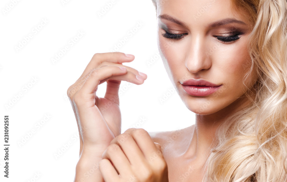 beauty portrait of attractive young caucasian woman blond isolated on white studio shot lips face long hair head and shoulders beauty portrait of attractive young caucasian woman blond isolated on white studio shot lips face long hair head and shoulders