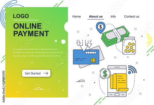 Vector web site linear art design template. Online money payment and new banking technology. Fintech concept. Landing page concepts for website and mobile development. Modern flat illustration.