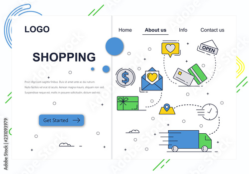 Vector web site linear art design template. Online shopping, money payment and package delivery. Landing page concepts for website and mobile development. Modern flat illustration.