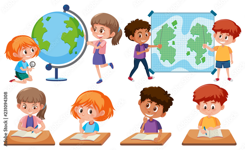 Children with learning tools on white background Children with learning tools on white background