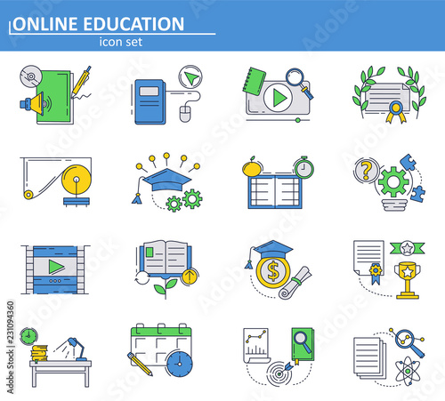 Vector set of Online education icons in thin line style. School and college online tutorials and courses. E-learning. Website UI and mobile web app icon. Outline design illustration.