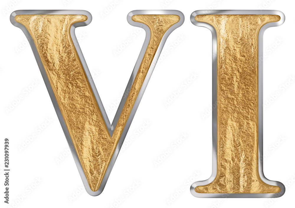 Roman numeral VI, sex, 6, six, isolated on white background, 3d render Roman numeral VI, sex, 6, six, isolated on white background, 3d render