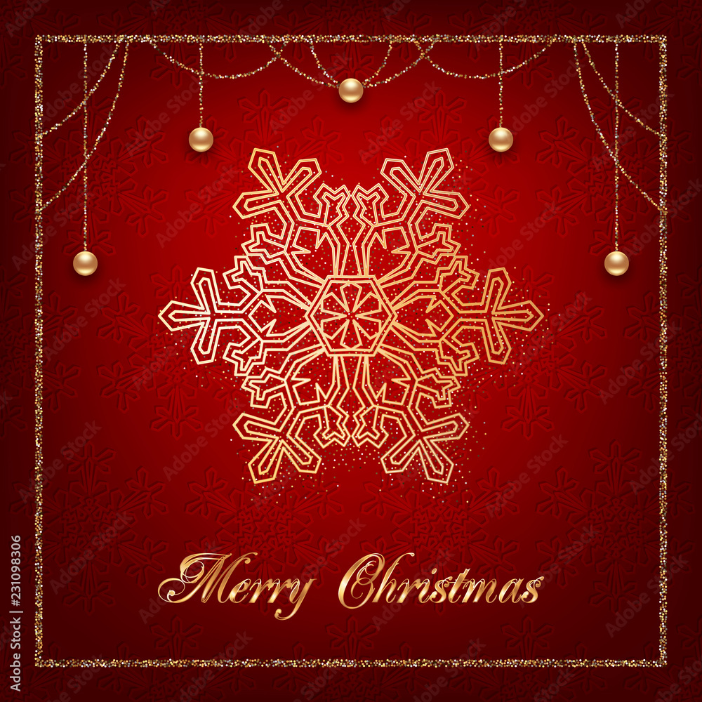 Illustration of christmas greeting card or invitation with decorative snowflake, golden beads and confetti on red background