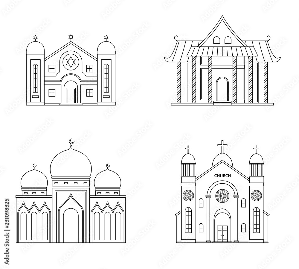 Set of religion buildings. Church, mosque, synagogue, pagoda. Traditional religions architecture. Vector illustration.