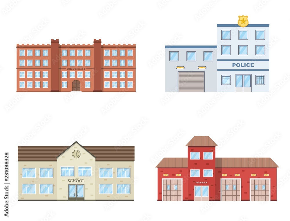 Buildings set. University, school, police, fire station building isolated on white background.