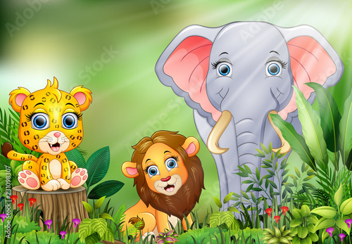 Cartoon of the nature scene with different animals