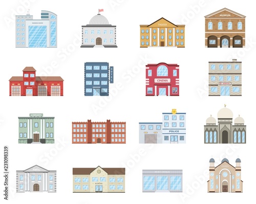 Buildings set. Residential cottages, store, mall, shop, museum, hospital, library, bank, cinema, religion, police, fire, school, university building isolated on white background.