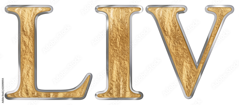 Roman numeral LIV, quattuor et quinquaginta, 54, fifty four, isolated on white background, 3d render