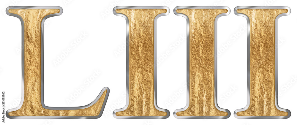 Roman numeral LIII, tres et quinquaginta, 53, fifty three, isolated on white background, 3d render