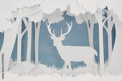 Paper art and craft style of Deer in the forest with copy space, Create custom greeting cards given on special occasions such as Happy new year, Christmas or other holidays, 3D rendering design. © prairat