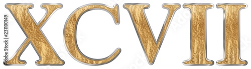 Roman numeral XCVII, septem et nonaginta, 97, ninety seven, isolated on white background, 3d render