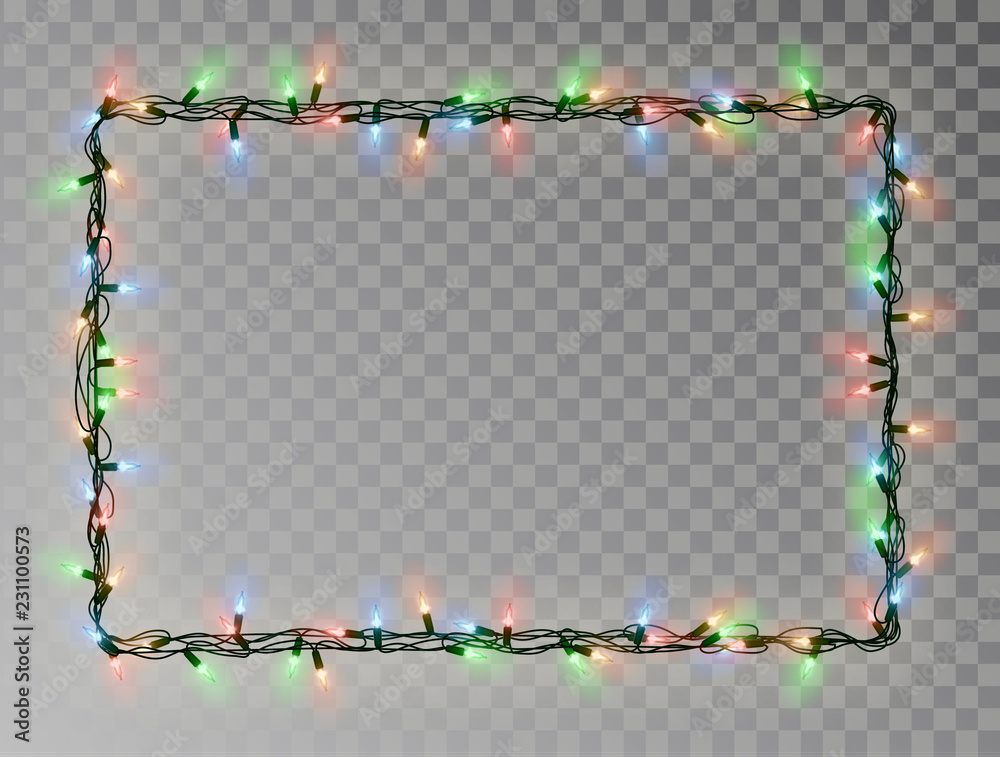 Christmas lights border vector, light string frame isolated on dark background with copy space. Tran