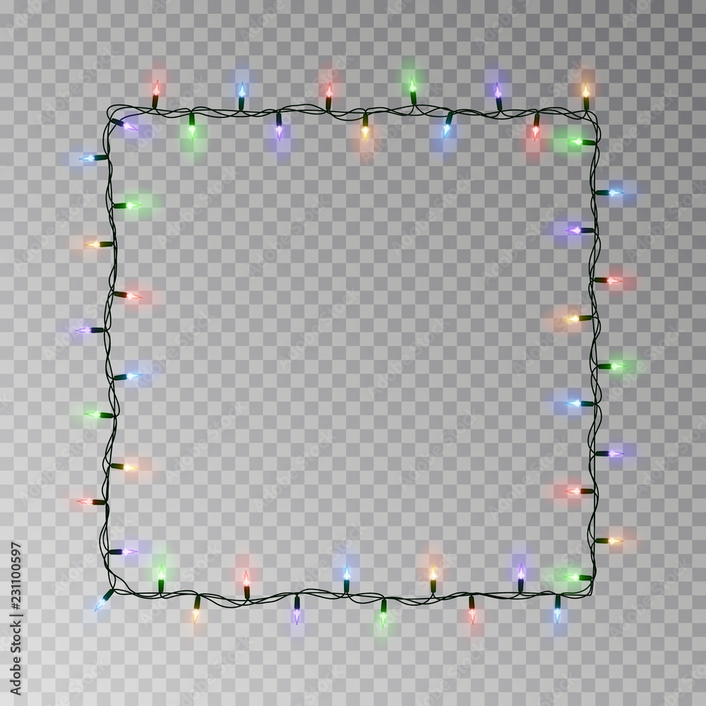 Christmas lights square vector, light string frame isolated on dark background with copy space. Tran