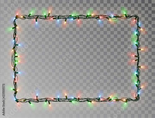 Christmas lights border vector, light string frame isolated on dark background with copy space. Tran