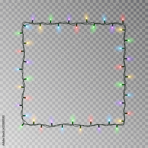 Christmas lights square vector, light string frame isolated on dark background with copy space. Tran