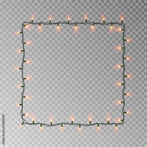 Christmas lights square vector, light string frame isolated on dark background with copy space. Tran
