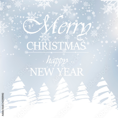 Happy New Year or Christmas greeting card with snow in forest. 2019 Vector