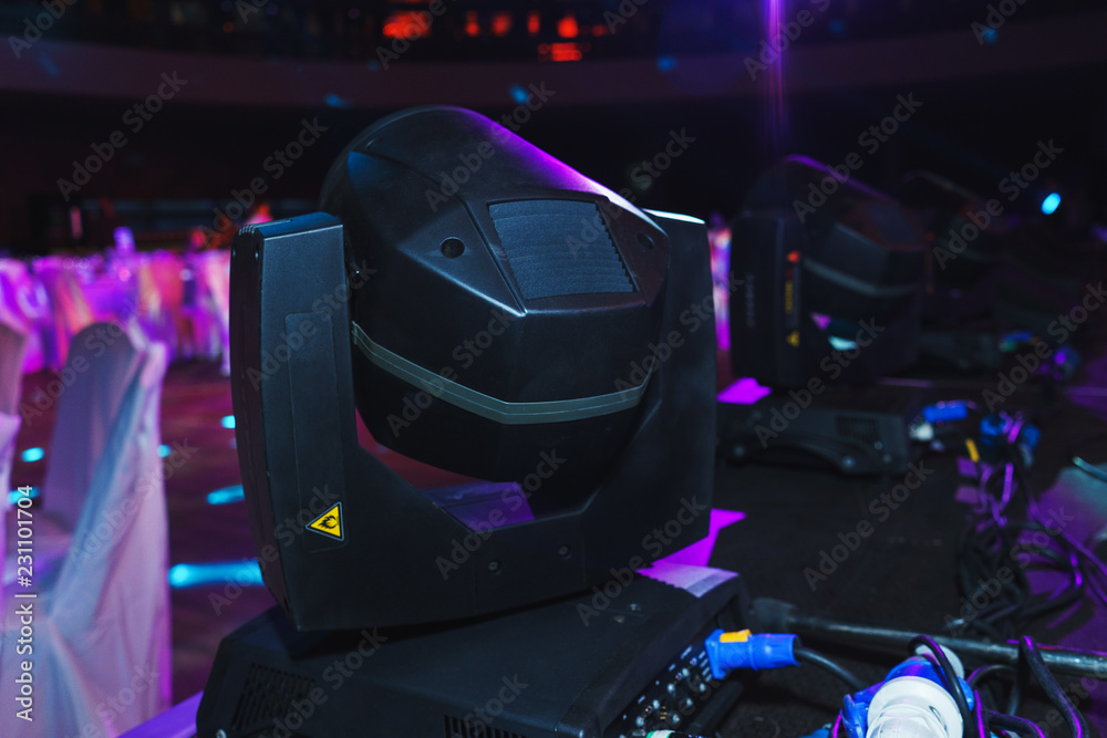 Special lighting equipment on the stage prepared for work during a