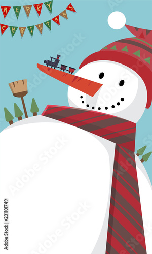 Big Snowman/Illustration full of the big snowman wearing a cute hat and a muffler with Christmas patterns. A toy train on his long nose, trees and a broom beyond his body.
