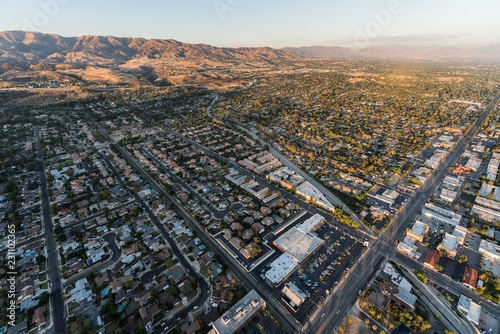 Late afternoon aerial towards Devonshire St and Canoga Ave in the Chatsworth neighborhood of the San Fernando Valley area in Los Angeles, California. photo