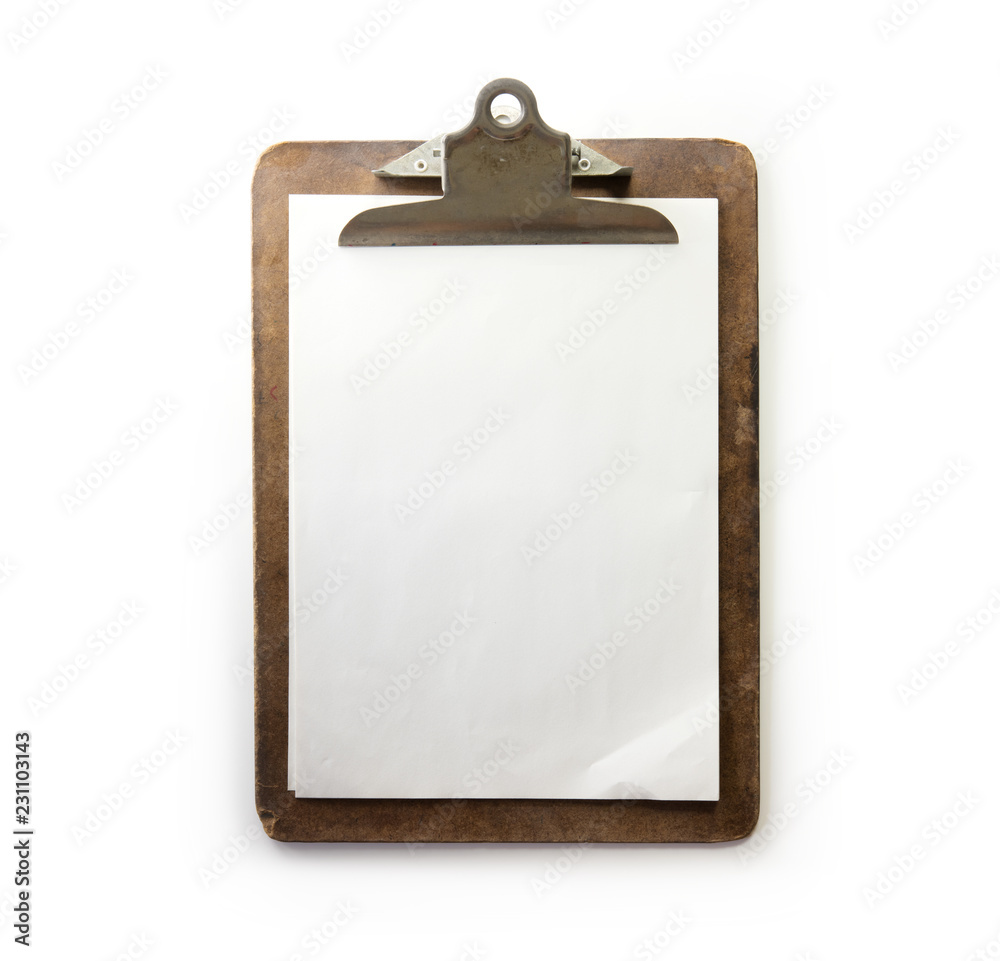Old used clipboard with sheets of paper and slightly folded corner. dark brown clipboard. Isolated on white. Old used clipboard with sheets of paper and slightly folded corner. dark brown clipboard. Isolated on white.