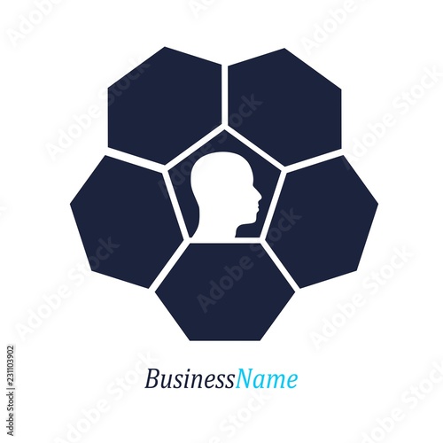Hexagon geometric shape and human head. Minimal abstract emblem template.