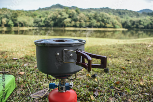 Cooking on the grass and camping,lake view