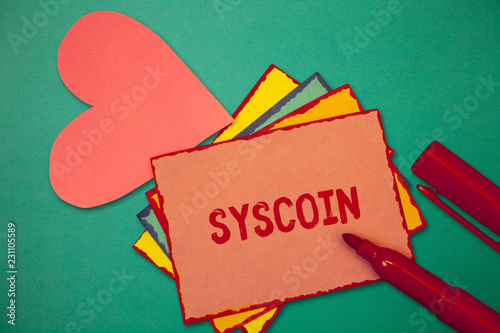 Text sign showing Syscoin. Conceptual photo Cryptocurrency Blockchain Digital currency Tradeable token. photo