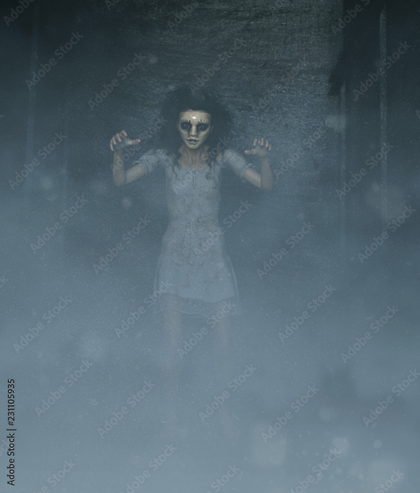 ghost woman in creepy mask as she have to hiding her face,3d illustration ghost woman in creepy mask as she have to hiding her face,3d illustration