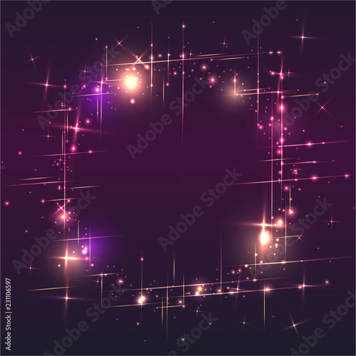 Fototapeta Naklejka Na Ścianę i Meble -   Round shiny lights dust trail particles frame on purple background