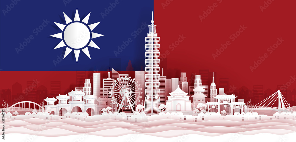 Naklejka premium Taipei flag and famous landmarks in paper cut style vector illustration.