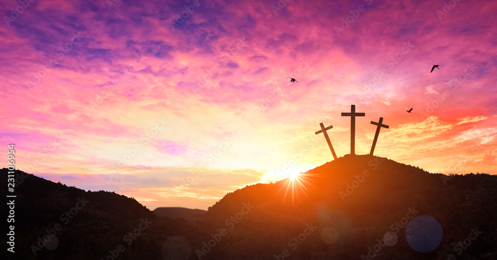 Christmas concept: Crucifixion Of Jesus Christ Cross At Sunset
