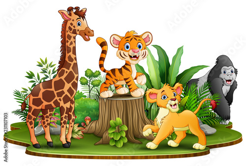 Wild animals cartoon in the park with green plants