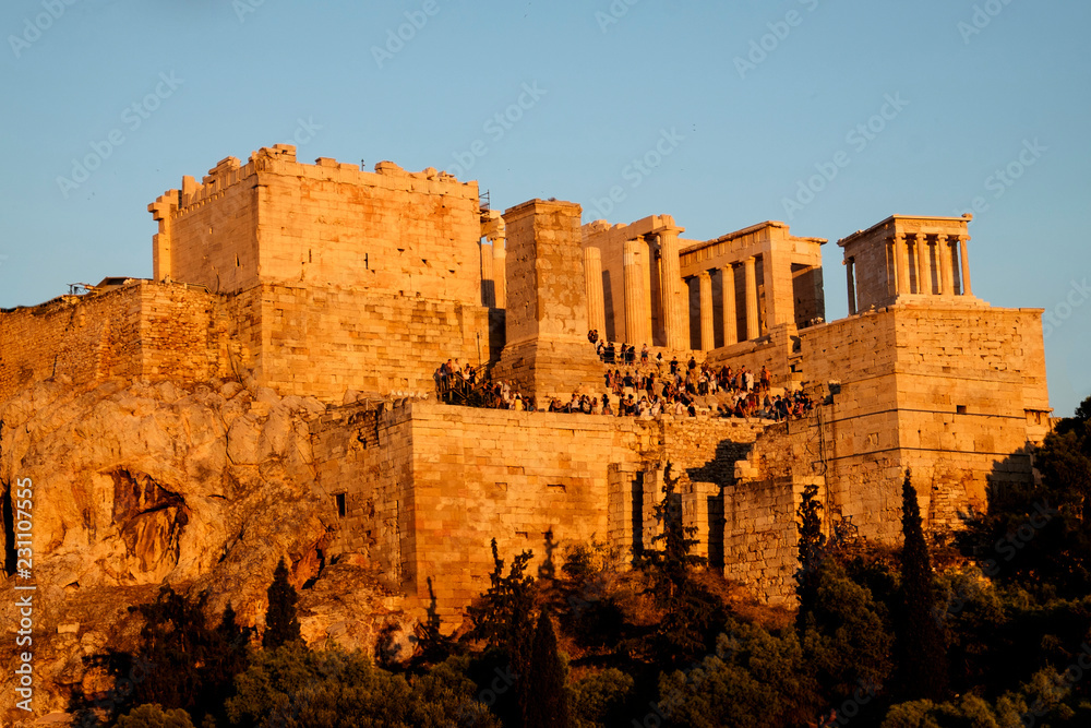 Fototapeta premium Western end of the Acropolis with entrance steps in evening sun