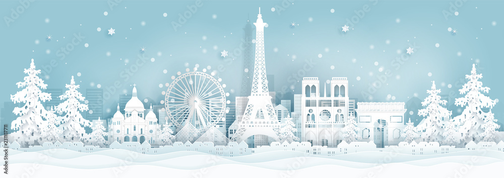 Panorama postcard and travel poster of world famous landmarks of Paris ,France in winter season in paper cut style vector illustration - obrazy, fototapety, plakaty 