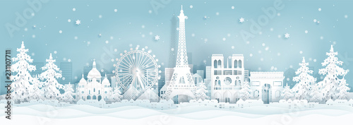 Panorama postcard and travel poster of world famous landmarks of Paris ,France in winter season in paper cut style vector illustration