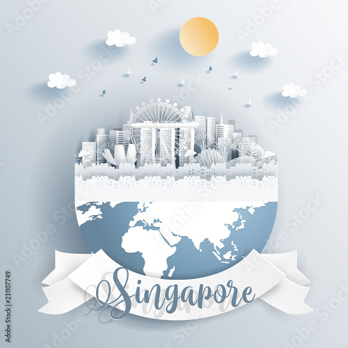 Singapore landmarks on earth in paper cut style vector illustration.