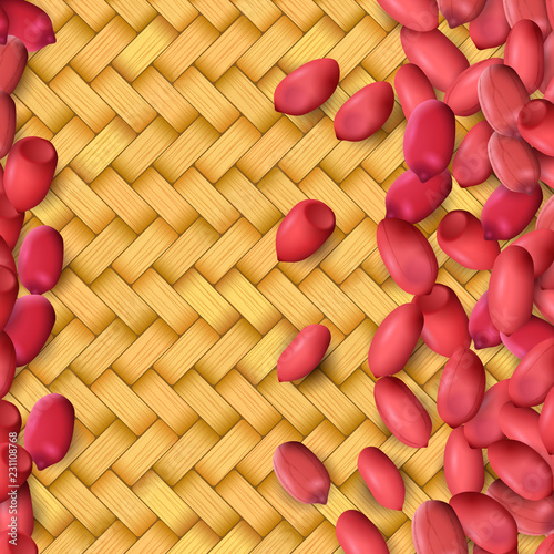 Arachis or peanuts background with red scattered nuts and beans