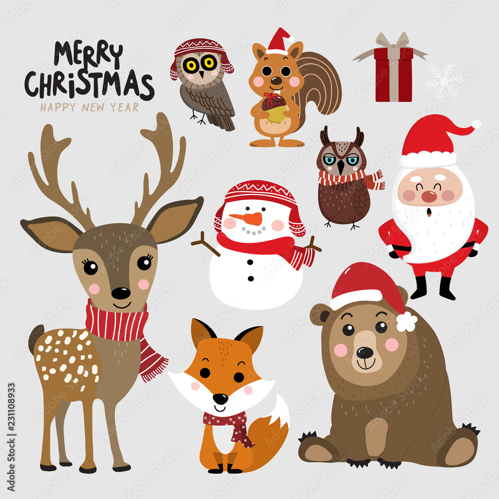 Cute forest animals and Santa Clause in Christmas holidays. Wildlife cartoon character vector set. Santa Clause, snowman, deer, bear, owl, fox and squirrel in winter costume. Cute forest animals and Santa Clause in Christmas holidays. Wildlife cartoon character vector set. Santa Clause, snowman, deer, bear, owl, fox and squirrel in winter costume.