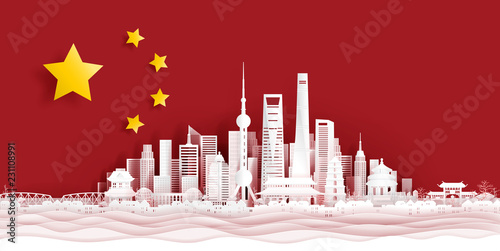 Panorama postcard and travel poster of world famous landmarks of Shanghai, China skyline with flag concept in paper cut style vector illustration