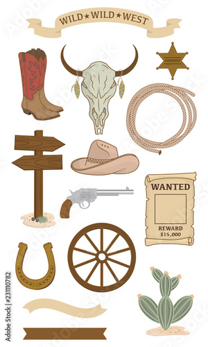 Wild west collection. Rodeo set featuring hat, lasso, horseshoe in Vector. Wild west elements