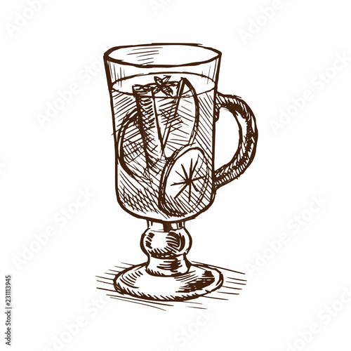 Alcoholic drink of mulled wine with red wine, cinnamon, lemon.