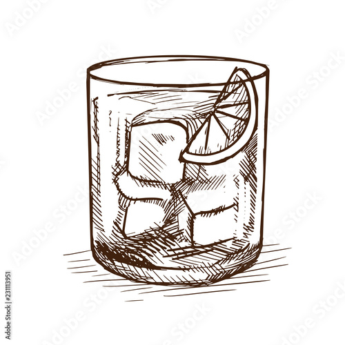 Drink gin-tonic, cocktail with addition of lemon lime and ice.