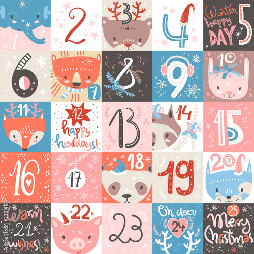 Christmas advent calendar. Hand drawn modern design elements and