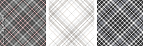 Set of three seamless plaid patterns in grey, white and black. 