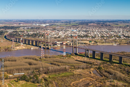 Zarate Brazo Largo hanging bridge over Parana river between Entre Rios and Buenos Aires province. Aerial view