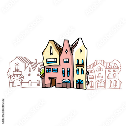 Funny colorful houses made in cartoon style. Facade of cartoon house.